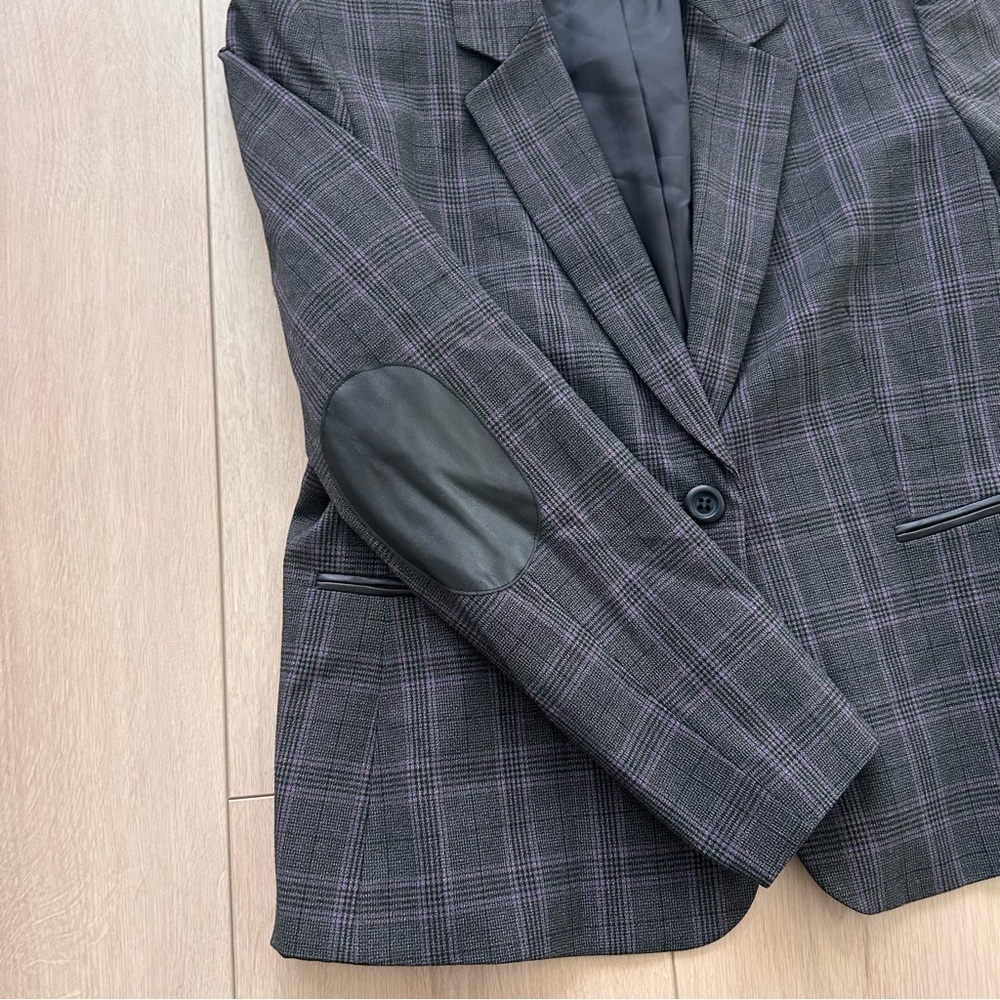 Tahari Gray Pink Plaid One Button Pocket Blazer Elbow Patch Levine 16 Petite - Picture 4 of 9